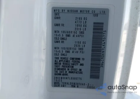 2020 Nissan Nv 200 z USA, uszkodzony, nr VIN 3N6CM0KN7LK695775